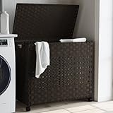 Wäschekorb mit Rollen Dunkelbraun 66x35x60 cm Rattan, faltbarer Wäschebehälter mit Deckel, herausnehmbarer Innenbeutel und 4 Rollen, drei Fächer für einfache Sortierung,