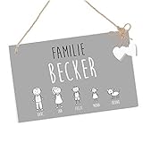 Türschild mit Name der Familie und Figuren - Haustürschild in Grau und Weiß, Familienschild aus Holz