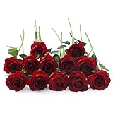 12 Stück Rot Künstliche Rosen, Einzelne Langstielige Künstliche Dunkelrote Rosen, Realistische Kunstrosen für Hochzeitsdeko Brautsträuß Heiratsantrag Geburtstag Party Haus Garten Decor (Tiefrot)