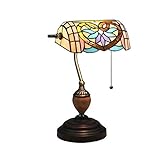 Banker-Lampe im Banker-Stil – Traditionelle Buntglas-Schreibtischlampe mit Zugkettenschalter und antikem Zinksockel – Ideal für Wohnzimmer, Büro, Schlafzimmer – Tischlampe für Nachttisch oder Schrei