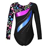 Moggemol Mädchen Gymnastikanzug Mädchen Strass Glänzend Langärmelig Ballettanzug Bedruckt Tanzanzug Eiskunstlauf Sport Yoga Leotard Jahre Stern Schwarz 110-116