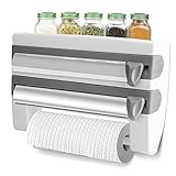 Wandrollenhalter 3-Fach-Schneidabroller Folienspender Frischhaltefolie Schneider mit Papierrollenhalter Küchenrollenhalter ohne Bohren, 39 x 10 x 24 cm (gris et Blanc)