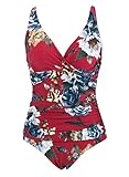 Laorchid einteiliger Badeanzug bademode v Ausschnitt Damen Badeanzug bauchweg Push up Bademode Swimsuit high Waist Schwimmanzug engmaschig Rot mit Blumen XXXL