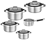 RÖSLE SILENCE PRO Topf-Set 5-tlg., Universaltopfset mit 3 Kochtöpfen, 1 Bratentopf und 1 Stielkasserolle, Edelstahl 18/10, Glasdeckel, Innenskalierung, induktions- und spülmaschinengeeignet