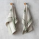 LinenMe Set mit 2 Geschirrtuch Leinen 100%, 45x66 cm Provence - Leinentuch mit Aufhänger - Geschirrtücher & Küchentücher in Natur/Waldgrün gestreift, Hergestellt in Litauen