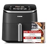 COSORI Heißluftfritteuse Airfryer, 9-in-1 Turboblaze Air Fryer XXL 6L, DC Motor mit 5 Geschwindigkeitsstufen, Air Fry, Backen, Braten, Tiefkühlen, Grillen, 87 Rezepte, 64% energiesparend, 2-5 Personen