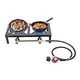 Gaskocher 2-Flammig Campingkocher 16KW Propangaskocher mit Schlauch für Gasflasche Outdoor Garten Picknick Gusseisen, Hockerkocher Gasfür Patio Camping, BBQ, Hausbrauen, Schwarz