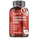 Glucosamin Chondroitin MSM 1560mg - 180 Kapseln mit Vitamin C, Kurkuma & Hyaluronsäure - Für Knochen, Immunsystem, Knorpel, Zähne & Haut (EFSA) - 3 Monate Vorrat - Glucosaminsulfat - WeightWorld