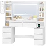 HEXCELEN Schminktisch mit Großer Spiegel, Frisiertisch und Haartrocknerhalter, 8 Schubladen, Offenen Fächern, 135 × 40 × 145,2 cm, Moderne Weiß-Silber Schminktisch
