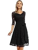 KOJOOIN Damen Vintage Kleid Brautjungfernkleid Knielang Langarm Spitzenkleid Cocktailkleid Schwarz S