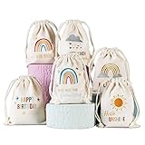 Papierdrachen 6 Geschenksäckchen zum Geburtstag - Regenbogen - aus Baumwolle - wunderschön und hochwertig bestickt - ideal zum Verpacken von Geschenken - Größe 13x18 cm mit Zugband