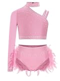 Hansber 2 Stück Ballettkleider Für Mädchen Crop Top Mit Pailletten Und Federrock Turnanzug Für Rhythmische Sportgymnastik Und Eiskunstlauf Rosa 122-128