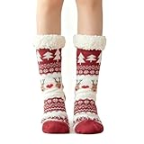 LMSHOWOWO Warme Weihnachtssocken Damen, Kuschelsocken Weihnachten mit Rentier und Schneeflocken Motiv, Weiche Weihnachten Socken mit Fleecefutter, Warme Wintersocken für Frauen Weihnachtsgeschenke