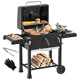 YITAHOME XXL Grillwagen Smoker Holzkohlegrill mit Gusseisenrost & Emaille-Pfanne - Mobiler BBQ Grill für Garten, Camping, Outdoor - Inkl. Thermometer, Küchenzange, Grillhandschuh, Robustes Design
