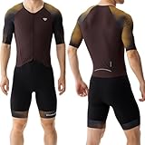 MY KILOMETRE Herren Triathlon Anzug – Einteiler Kurzarm Trisuit Schnelltrocknend Atmungsaktiv mit Rückentasche für Rennen und Training （Braun L）