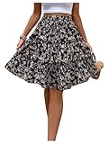 GORGLITTER Damen Blümchen Rock Casualrock Knielang Rock Freizeitrock Böhmisch Röcke A Linie Sommerrock mit Elasticher Rock Schwarz XL