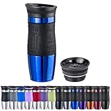 WELLGRO Thermobecher 400 ml + 1 Extradeckel - Edelstahl rostfrei - Silikon Soft-Touch Griffstück - BPA-frei - Isolierbecher doppelwandig - Travel Mug - Kaffeebecher to go, Farbe:Blau Metallic