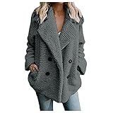 Fleecejacke für Damen, große Größe, warmer Damenmantel mit Revers, einfarbig, Plüschjacken, Mäntel und Kragen, dick, weich, Winter, Knöpfe, Cardigan, mit Tasche, lockere Jacken, grau, 48