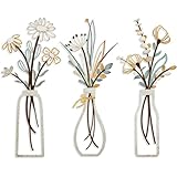 Wonninek 3 Stück Metall Blumen Wanddekoration, Bunte Metall Blumen Wandskulptur, Schwarze Minimalistische Vase Wandkunst für Terrasse Wohnzimmer Badezimmer Schlafzimmer Esszimmer Küche Dekorationen