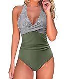 RXRXCOCO Badeanzug Damen Bauchweg Push Up Shape Bademode Neckholder Badeanzug Rückenfrei Streifen Grün XL