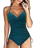 Yutdeng Tankini Damen Push Up Badeanzug Bauchweg Tankini Oberteil mit Bügel Rüschen Kordelzug Side Verstellbarer Schultergurt Bademode Zweiteiliger Tankini Bikini Set mit Slip,Blau,XXL