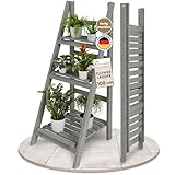 TTL HOME Blumenleiter Flower Ladder M 108x41x40cm hellgrau - 3-Ebenen Natur Holz Leiterregal Blumentreppe Blumenregal Pflanzentreppe Kräuterregal für innen & draußen Balkon Terrasse Outdoor klappbar
