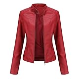 AFBORD Slim Fit Jacke Frauen Einfarbig Kunstleder Jacke Stehkragen Langarm, rot, 42