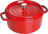 STAUB Gusseisen Bräter/Cocotte, Rund 24 cm, 3,7 L, Aromaregen Funktion, Für alle Herdarten geeignet, Kirschrot