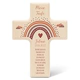 GRAVURZEILE Personalisiertes Kinderkreuz zur Taufe Kommunion und Konfirmation - Regenbogen - Holzkreuz für Kinder personalisiert mit Text - Personalisierte Geschenke für Jungen und Mädchen - Rot