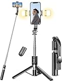 Selfie Stick Stativ mit 2 Fülllicht, 114cm Verbessertem Stabil Handy Stative mit Abnehmbarer Fernbedienung, Stativ für Smartphone Kompatibel mit iPhone Samsung & Android Smartphones