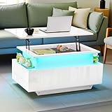 ZZINOKE Höhenverstellbarer Couchtisch, Wohnzimmertisch Hochglanz mit LED-Beleuchtung, Offenem Ausstellungsregal und 2 Schubladen, Modern, 85 x 50 x 45 cm, Weiß