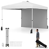 COSTWAY 3 x 3 m Pop-up-Pavillon mit Seitenwand, tragbarer Gartenpavillon inkl. Schattenspender mit Rolltasche, 8 Heringen, 4 Ankern, 4 Windseilen & 4 Sandsäcken, Outdoor-Party-Zelt (Weiß)