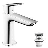 hansgrohe Logis Fine - Waschtischarmatur mit Push-Open Ablauf, Wasserhahn Bad mit Auslauf Höhe 110 mm, Mischbatterie Waschbecken wassersparend (EcoSmart), Chrom, 71252000