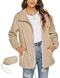 Rapbin Damen Jacke Sommer Wasserdicht Atmungsaktive Regenjacke Leicht Dünne Faltbare Regenmantel Laufjacke(Khaki,XXL)