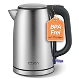 COSORI Wasserkocher Edelstahl, BPA frei, Kettle 1,7 L, Strix-Technologie, kocht in 3 Minuten, 2200W, Große Öffnung, Trockengehschutz, 360° rotatable base, Silber-schwarz
