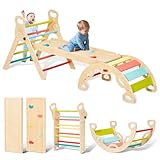 Giant bean 5-in-1 Montessori Kletterdreieck mit Kletterbogen und Rutsche, Holzdreieck für Kleinkinder ab 1-3, Indoor Kletterspielzeug, Regenbogen mit Griff, Hellbraun, S