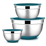 Joyfair Rührschüssel 3er Set, Edelstahl Schüssel mit Luftdichtem Deckel & Rutschfestem Boden, Salatschüssel Set für Küche/Backen/Kochen/Zubereitung, Spülmaschinenfest - 4.6L / 2.8L / 1.2L (Blau)