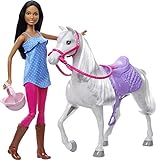 Barbie HCJ53 - Pferd & Puppe Spielset mit Barbie-Puppe (ca. 29 cm, mit dunkelbraunen Haaren), Pferd mit Sattel, Zaumzeug, Zügel und Reiterhelm, Spielzeug Geschenk für Kinder ab 3 Jahren
