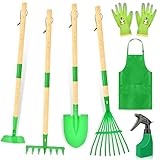 IEEILULU Kinder Gartengeräte Set, Gartenwerkzeug Kinder aus Holz 7 Teilig, Gartenspielzeug Abnehmbar mit Schürze Gießkanne, Outdoor Garten Spielzeug für Jungen Mädchen ab 3 Jahre (Grün)