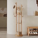 AQIMUELE Garderobenständer, Kleiderständer Massivholz, Drehbarer Jackenständer mit 3 Ablageflächen und 9 Haken, für Flur, Schlafzimmer (Naturholz)