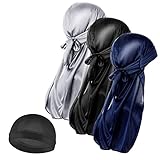 Molain Herren 3 Stück Seidenwellen Kappe und 1 Stück seidige Durag Kappen mit langem Schwanz elastische Durags weich atmungsaktiv seidig gewellt perfekt für 360/720 Wellen Schwarz Silber Marineblau