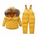 BRONG 2-teiliger Kinder Schneeanzug Skianzug für Kleinkinder Warme Daunenjacke mit Kapuze + Schneehosen Set 2-3 Jahre Gelb