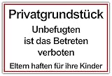 GESCHENKE-FABRIK Hinweisschild Privatgrundstück - Mit der Aufschrift 'Unbefugten ist das Betreten verboten, Eltern haften für ihre Kinder' - Schild ist wetterfest - Alu/Dibond 200x300 mm - 3 mm stark