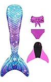 NAITOKE meerjungfrauenflosse mädchen Badeanzug - Meerjungfrau Flosse Bademode mit Bikini Set und Monoflosse Mermaid Tail, 4 Stück Set