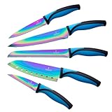 SiliSlick Messerset, 5 Scharfe Küchenmesser als Set zum Kochen, Hochwertige Klingen aus Edelstahl, Titanbeschichtung mit Regenbogeneffekt, Ergonomische Griffe, Blau Griff