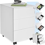 tectake® Büro Metall Aktenschrank mit Rollen, abschließbare Kommode mit Schubladen für Schreibtisch, Rollcontainer, Schubladenschrank, Organzier, Rollwagen Schrank abschließbar (weiß)