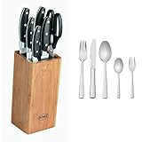 RÖSLE CUISINE Bürsten Messerblock bestückt 7-tlg. & ELEGANCE Besteck 30-teilig, Hochwertiges Essbesteckset für 6 Personen aus Edelstahl 18/10, Klingenstahl, hochglänzend poliert, spülmaschinengeeignet