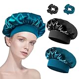 Schlafhaube Seide, 2 Stück Seidenhaube, Verstellbar Satin Haarhaube, Silk Bonnet Sleep Cap, Damen Mädchen Atmungsaktive Schlafkappe Duschhauben, mit 2 Stück Satin Haargummis,für Verschiedene Haartypen