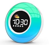 Kinder Wecker Digital, Schlaftrainer mit Nachtlicht, Lichtwecker mit 10 White Noise, Snooze und Timer 15/30/60/90 mins, LED mit Licht Tischuhr ohne Tick, Geschenke für Mädchen Jungen