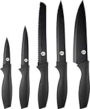 MasterChef, Küchen Messerset ink. Kochmesser, Gemüsemesser, Schälmesser, Schneidemesser & Brotmesser, Scharfe Messer Edelstahl, Antihaftbeschichtete, Soft-Touch-Griffe, 5-teilig, Schwarz